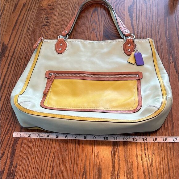 Coach Hallie Leather Colorblock Tote Bag Aqua Blue Lime Green J1294-22430 - Picture 10 of 12